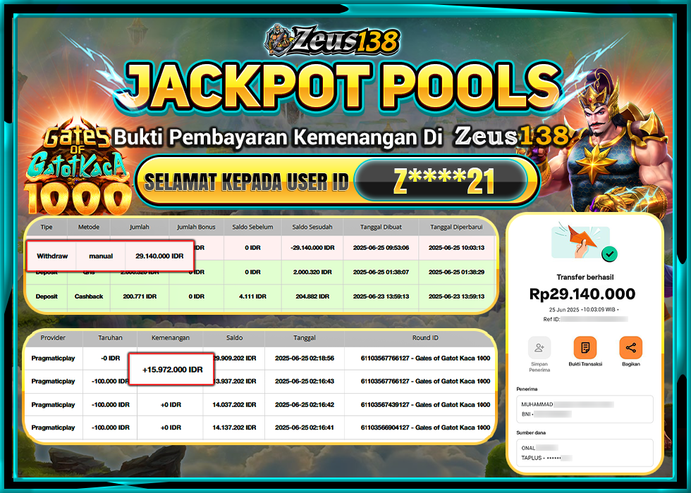 ZEUS138 GATES OF GATOT KACA 1000  Rp.29.140.000, -LUNAS